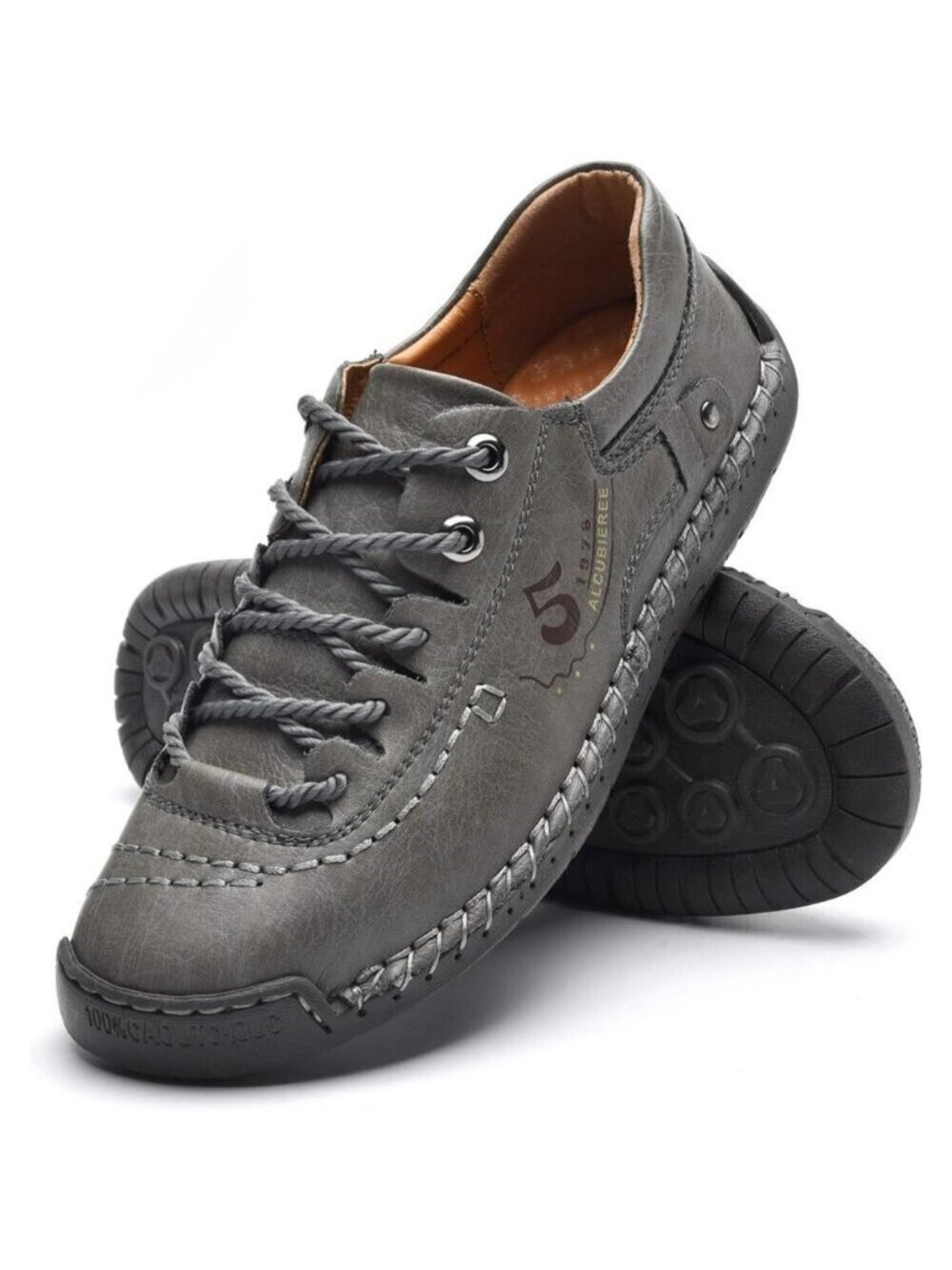 Alcubieree Men Grey Leather Casual Fashion Loafer Driving Rubber Sole Sneakers